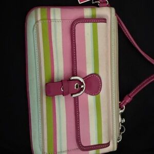 Coach Pink and Green Striped Wristlet